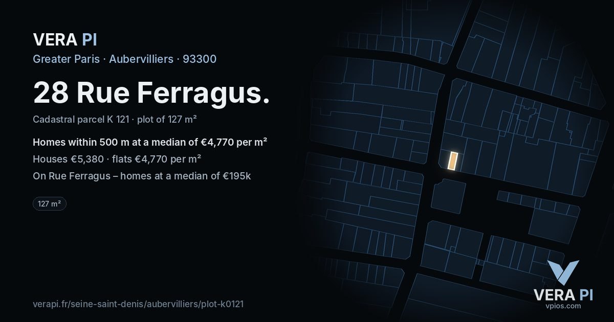 28 Rue Ferragus, Aubervilliers at night – the plot lit, the parcels around coloured by the prices near them