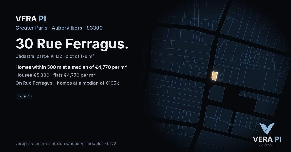 30 Rue Ferragus, Aubervilliers at night – the plot lit, the parcels around coloured by the prices near them