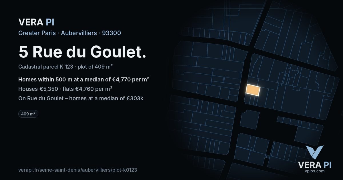 5 Rue du Goulet, Aubervilliers at night – the plot lit, the parcels around coloured by the prices near them