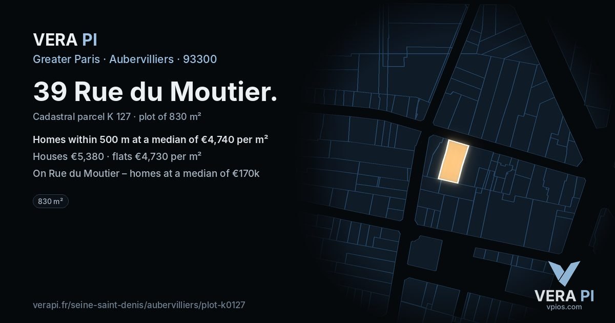 39 Rue du Moutier, Aubervilliers at night – the plot lit, the parcels around coloured by the prices near them
