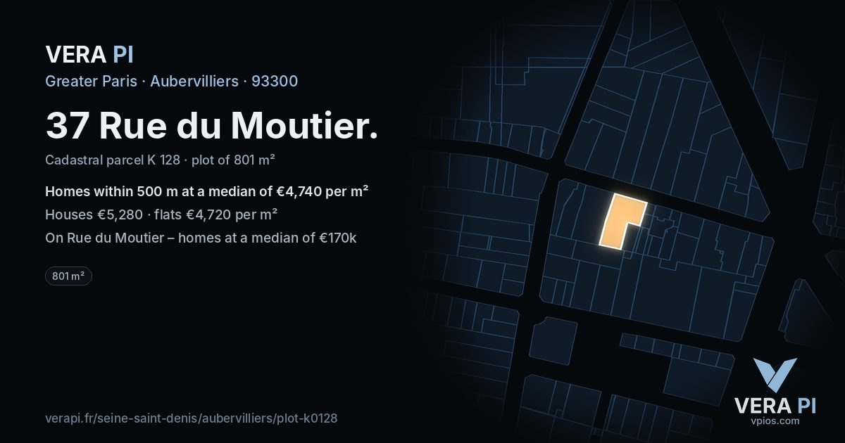 37 Rue du Moutier, Aubervilliers at night – the plot lit, the parcels around coloured by the prices near them