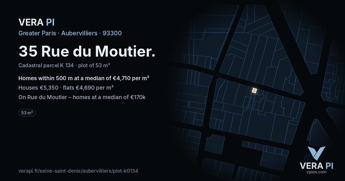 35 Rue du Moutier, Aubervilliers at night – the plot lit, the parcels around coloured by the prices near them