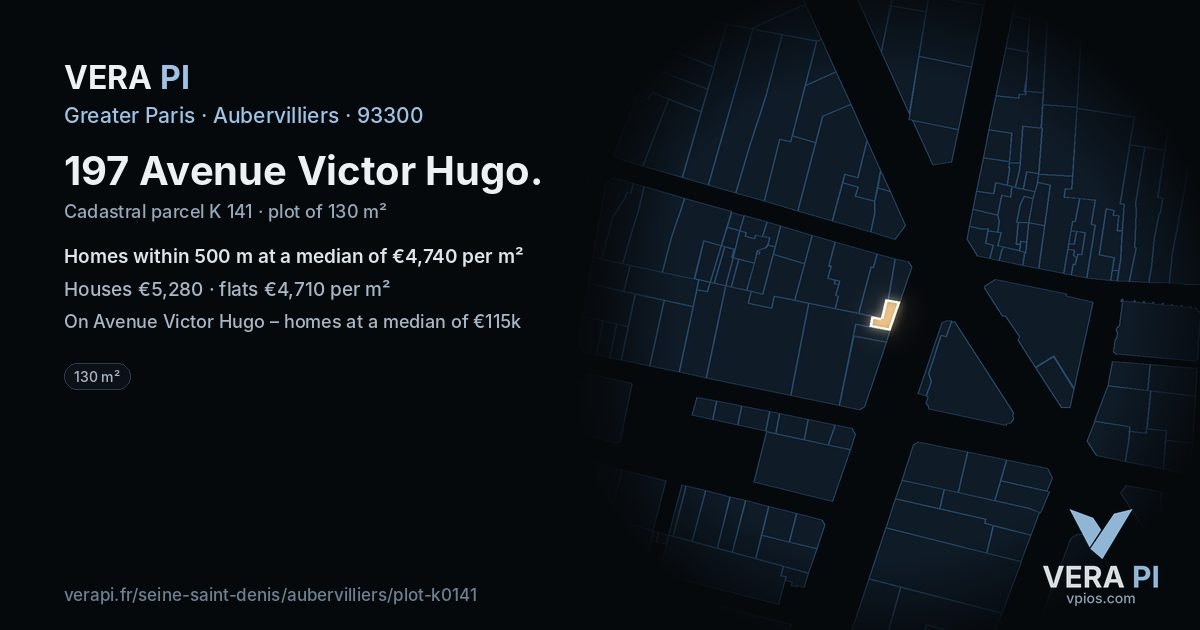 197 Avenue Victor Hugo, Aubervilliers at night – the plot lit, the parcels around coloured by the prices near them