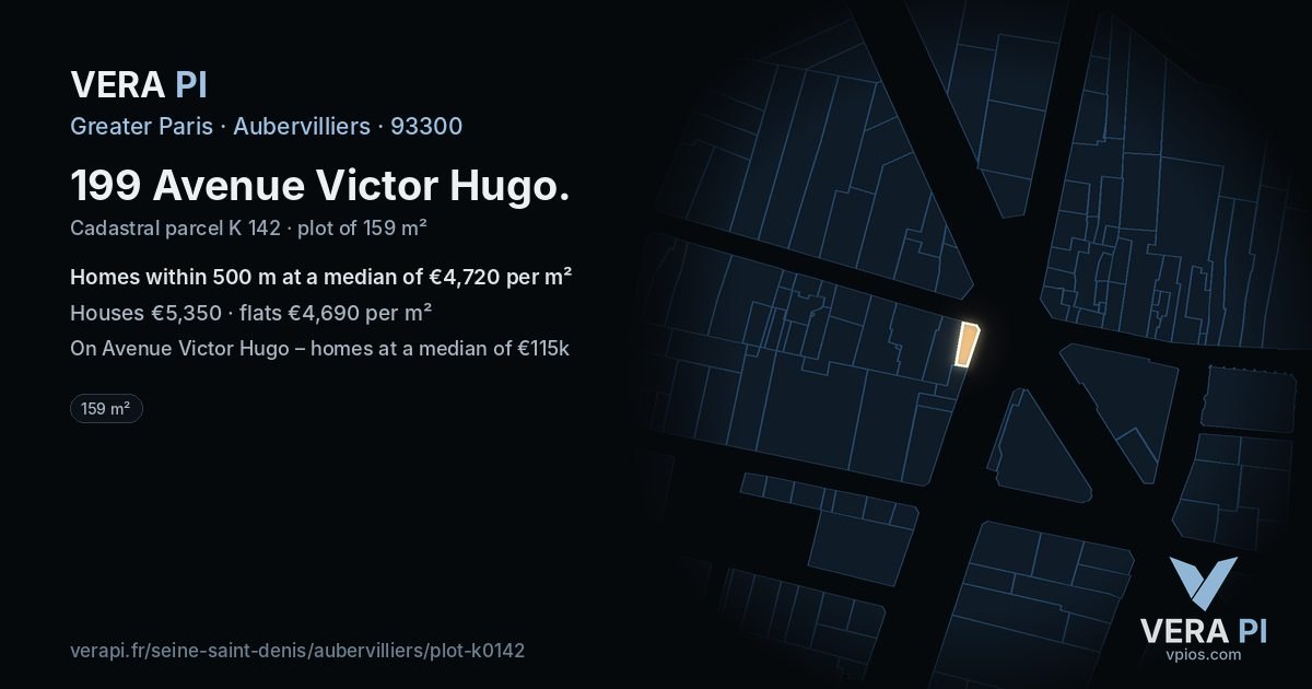 199 Avenue Victor Hugo, Aubervilliers at night – the plot lit, the parcels around coloured by the prices near them