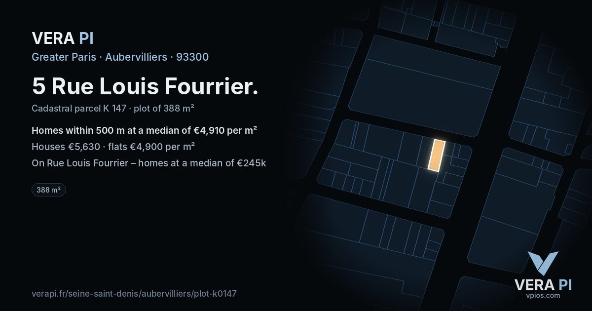 5 Rue Louis Fourrier, Aubervilliers at night – the plot lit, the parcels around coloured by the prices near them