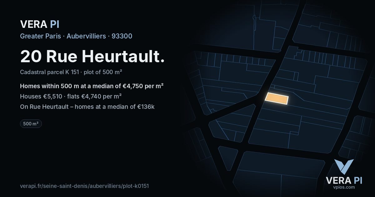 20 Rue Heurtault, Aubervilliers at night – the plot lit, the parcels around coloured by the prices near them