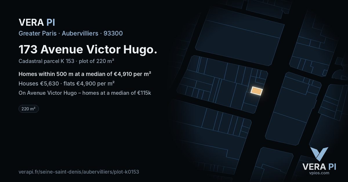 173 Avenue Victor Hugo, Aubervilliers at night – the plot lit, the parcels around coloured by the prices near them