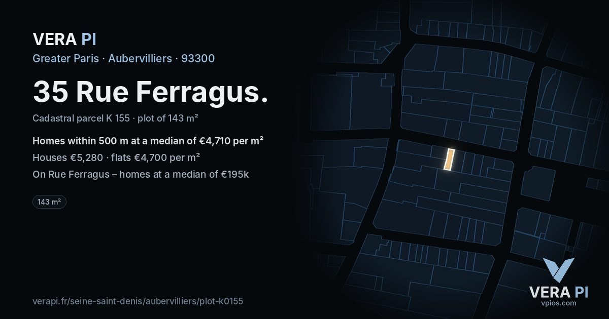 35 Rue Ferragus, Aubervilliers at night – the plot lit, the parcels around coloured by the prices near them
