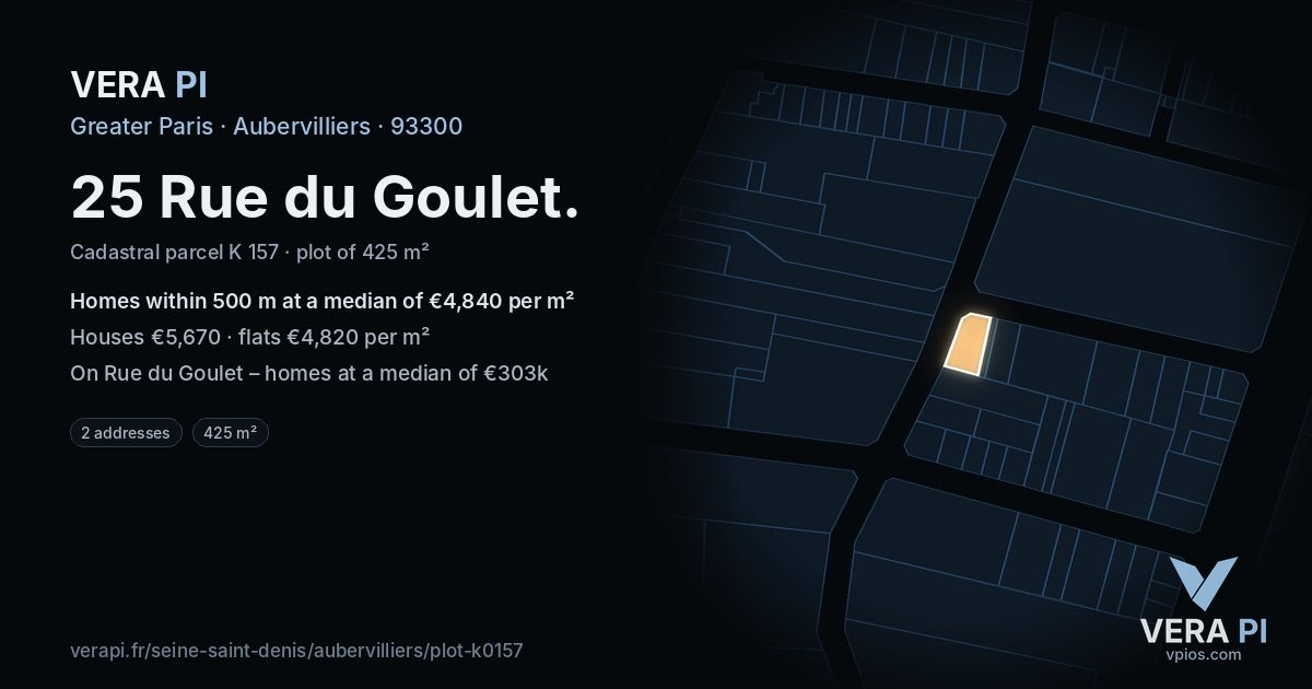 25 Rue du Goulet, Aubervilliers at night – the plot lit, the parcels around coloured by the prices near them