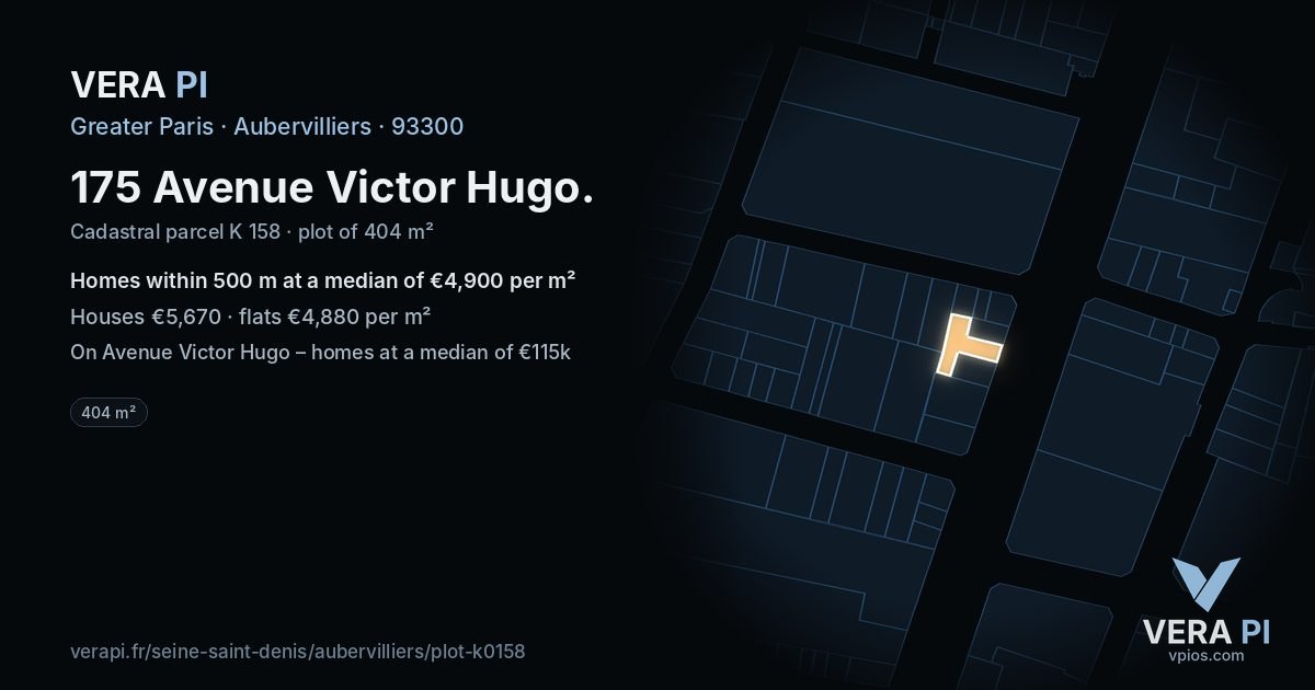 175 Avenue Victor Hugo, Aubervilliers at night – the plot lit, the parcels around coloured by the prices near them