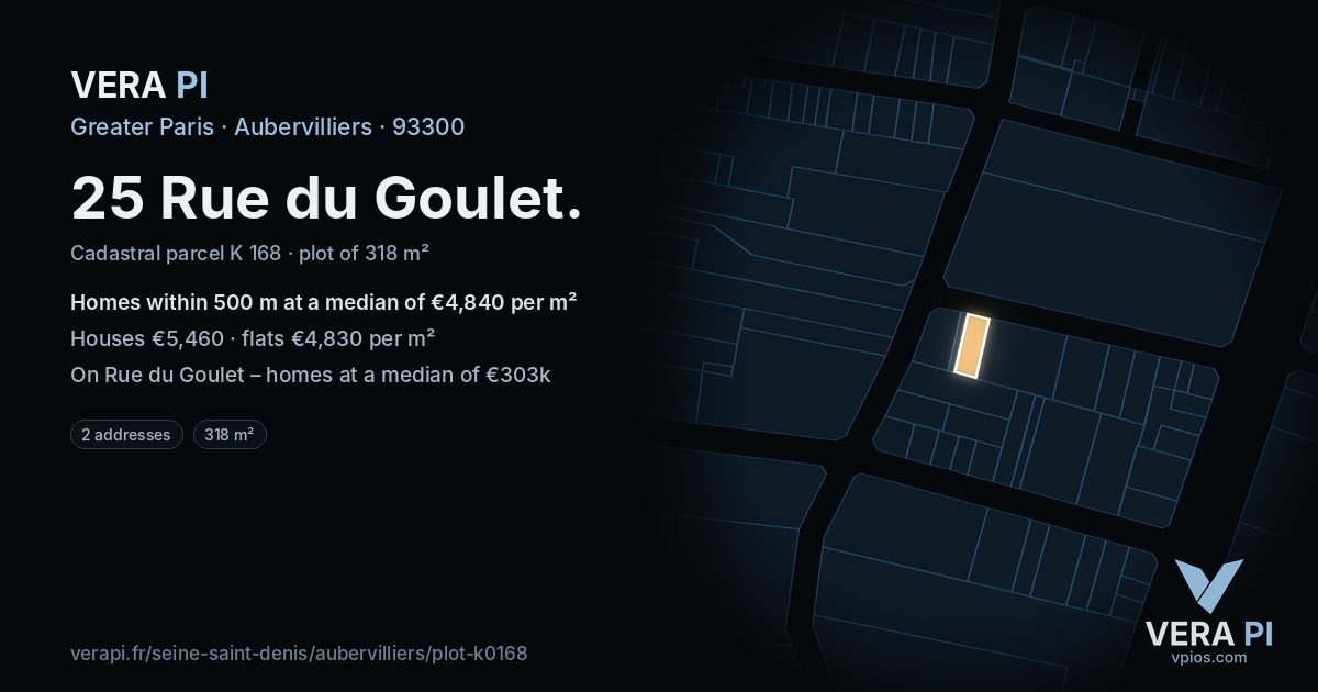 25 Rue du Goulet, Aubervilliers at night – the plot lit, the parcels around coloured by the prices near them