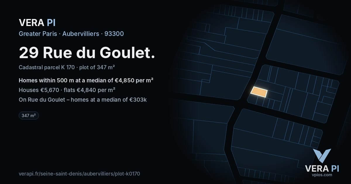 29 Rue du Goulet, Aubervilliers at night – the plot lit, the parcels around coloured by the prices near them