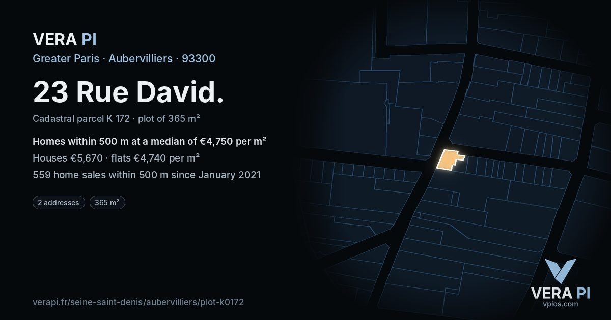 23 Rue David, Aubervilliers at night – the plot lit, the parcels around coloured by the prices near them