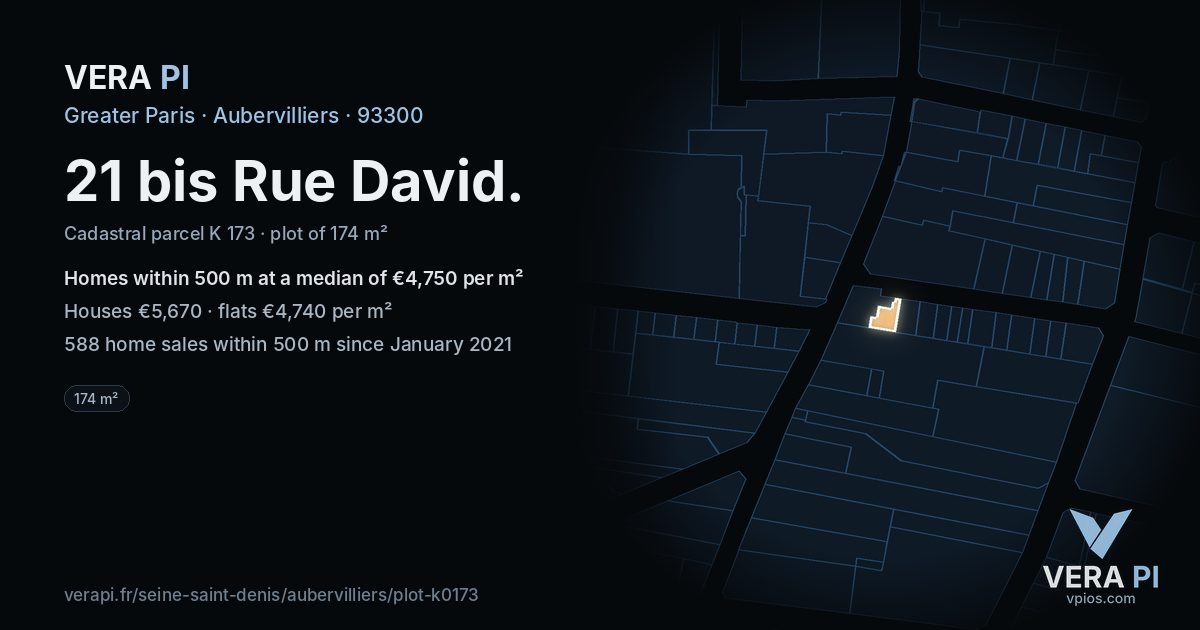 21 bis Rue David, Aubervilliers at night – the plot lit, the parcels around coloured by the prices near them
