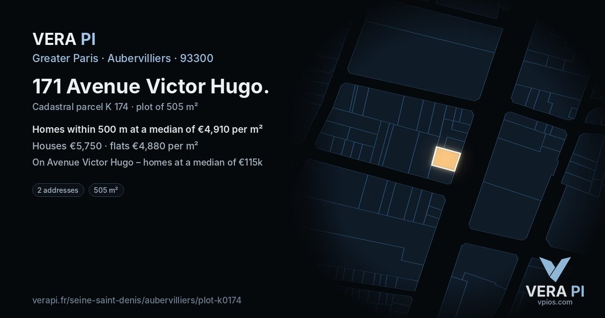 171 Avenue Victor Hugo, Aubervilliers at night – the plot lit, the parcels around coloured by the prices near them