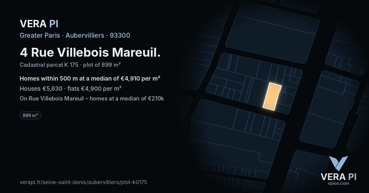 4 Rue Villebois Mareuil, Aubervilliers at night – the plot lit, the parcels around coloured by the prices near them