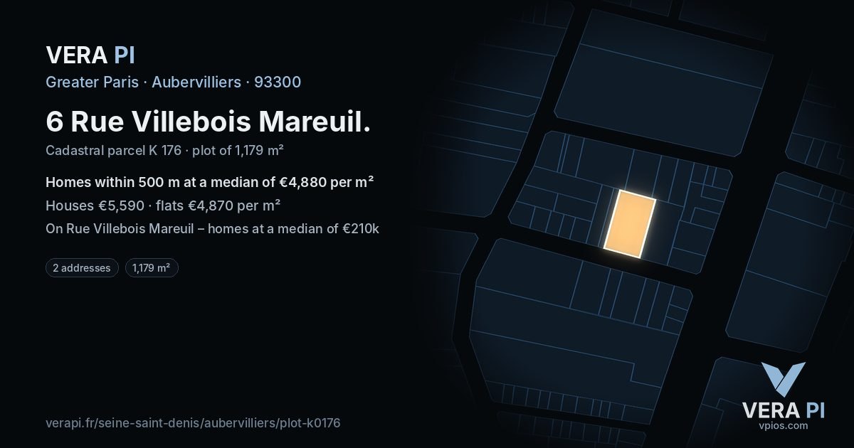 6 Rue Villebois Mareuil, Aubervilliers at night – the plot lit, the parcels around coloured by the prices near them