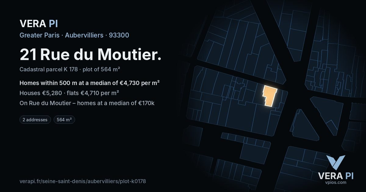 21 Rue du Moutier, Aubervilliers at night – the plot lit, the parcels around coloured by the prices near them