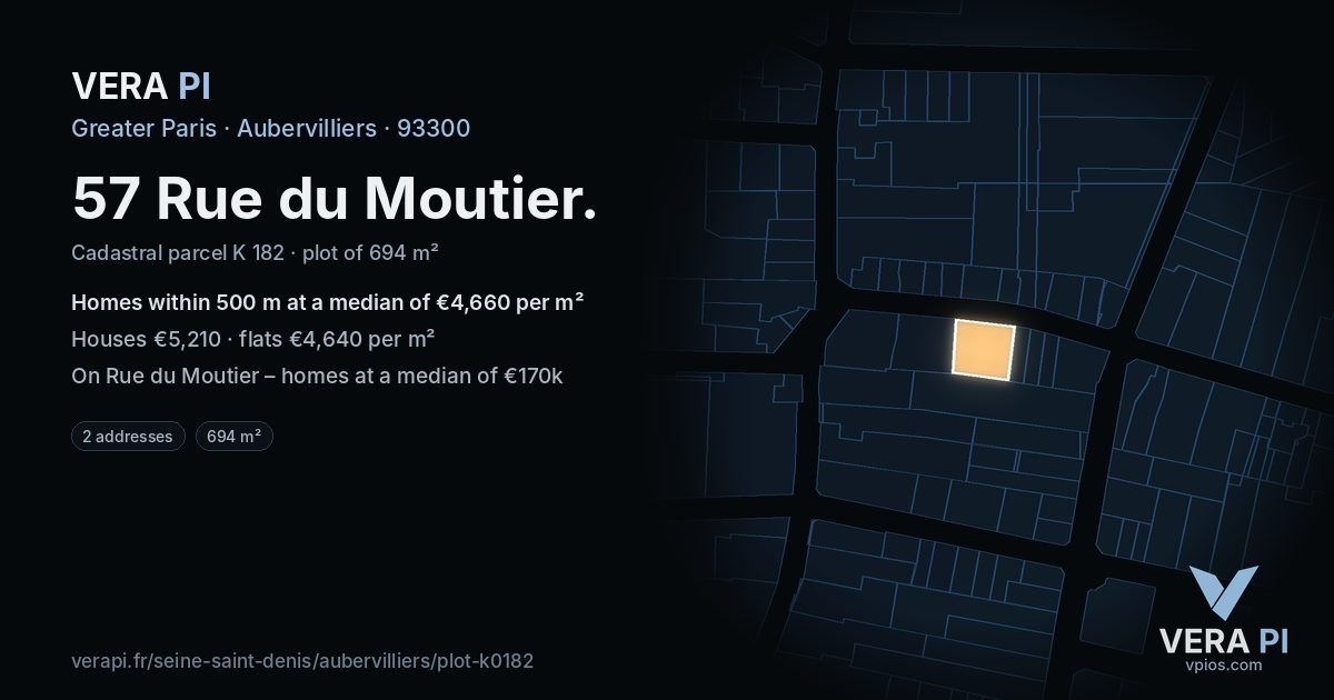 57 Rue du Moutier, Aubervilliers at night – the plot lit, the parcels around coloured by the prices near them