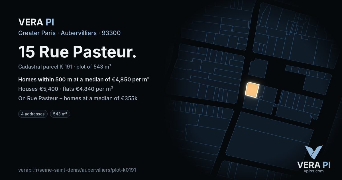15 Rue Pasteur, Aubervilliers at night – the plot lit, the parcels around coloured by the prices near them