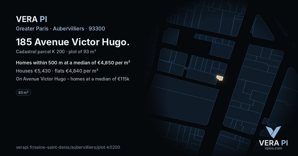 185 Avenue Victor Hugo, Aubervilliers at night – the plot lit, the parcels around coloured by the prices near them