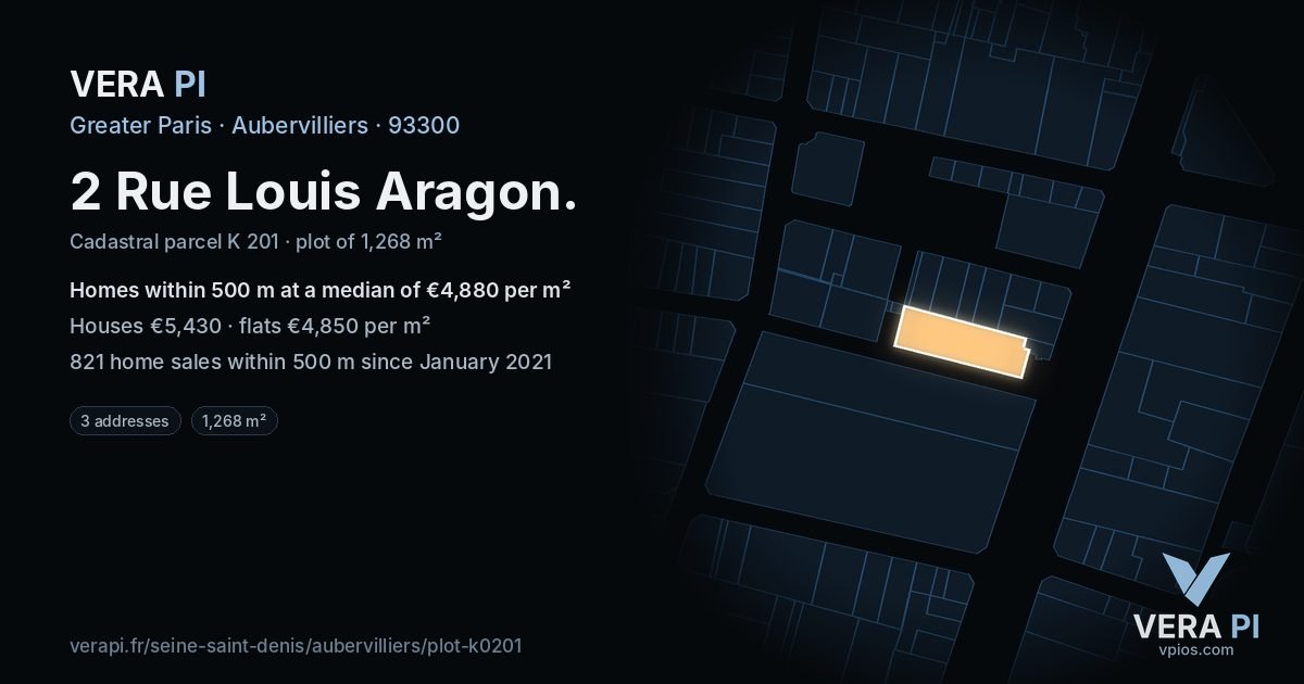 2 Rue Louis Aragon, Aubervilliers at night – the plot lit, the parcels around coloured by the prices near them