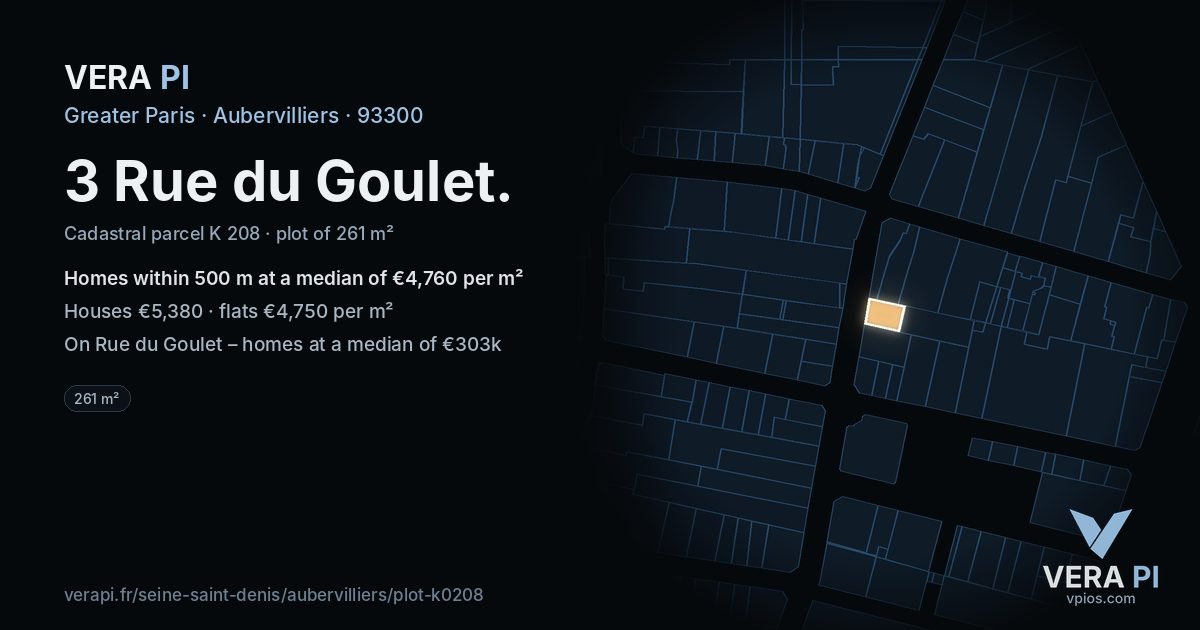 3 Rue du Goulet, Aubervilliers at night – the plot lit, the parcels around coloured by the prices near them