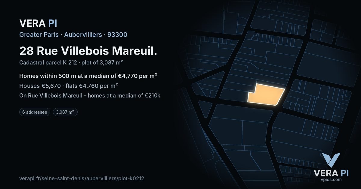 28 Rue Villebois Mareuil, Aubervilliers at night – the plot lit, the parcels around coloured by the prices near them