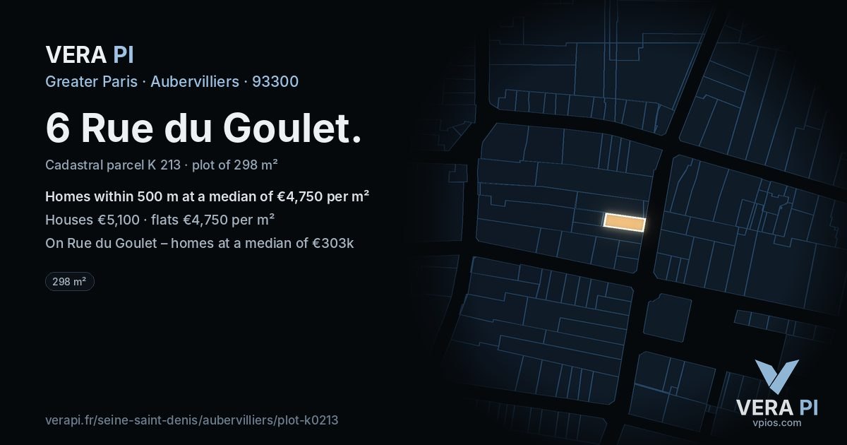 6 Rue du Goulet, Aubervilliers at night – the plot lit, the parcels around coloured by the prices near them