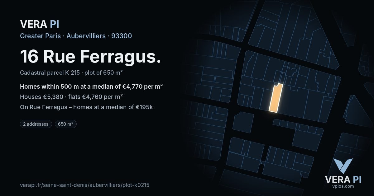 16 Rue Ferragus, Aubervilliers at night – the plot lit, the parcels around coloured by the prices near them
