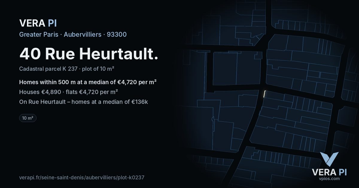 40 Rue Heurtault, Aubervilliers at night – the plot lit, the parcels around coloured by the prices near them