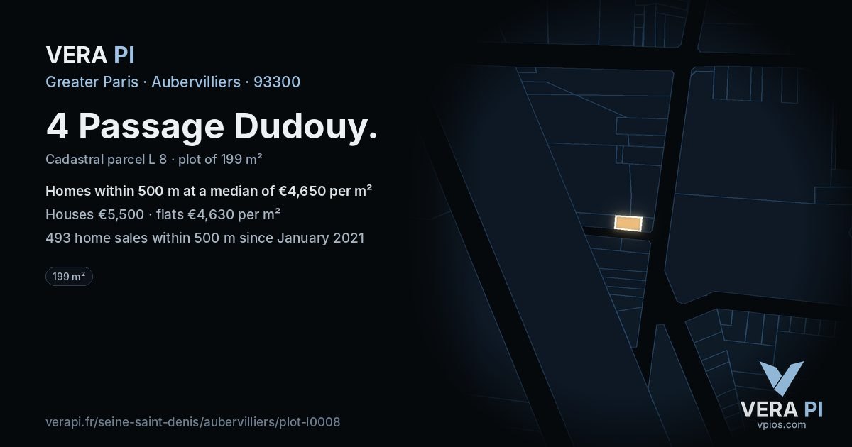 4 Passage Dudouy, Aubervilliers at night – the plot lit, the parcels around coloured by the prices near them