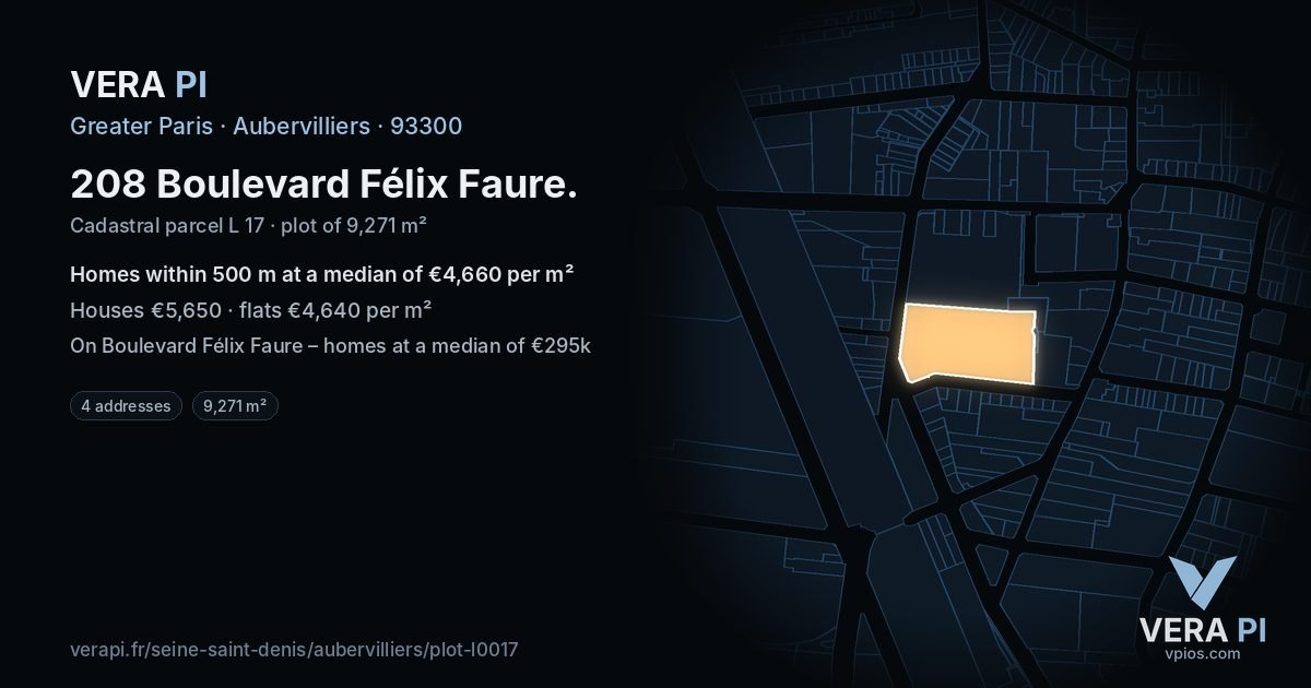 208 Boulevard Félix Faure, Aubervilliers at night – the plot lit, the parcels around coloured by the prices near them