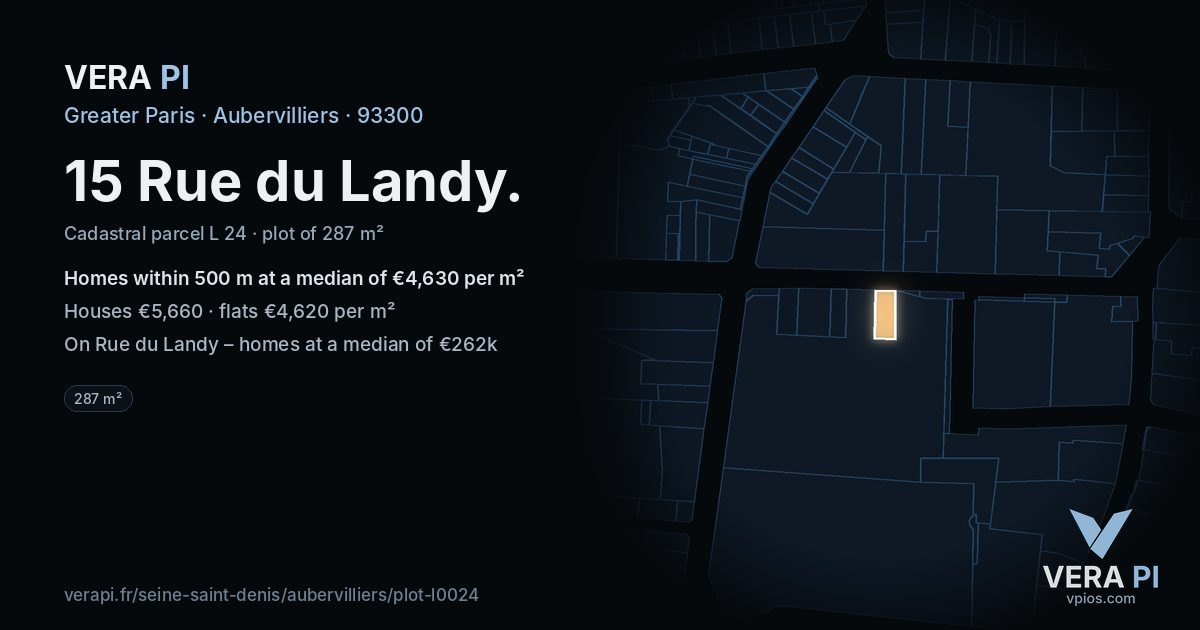 15 Rue du Landy, Aubervilliers at night – the plot lit, the parcels around coloured by the prices near them