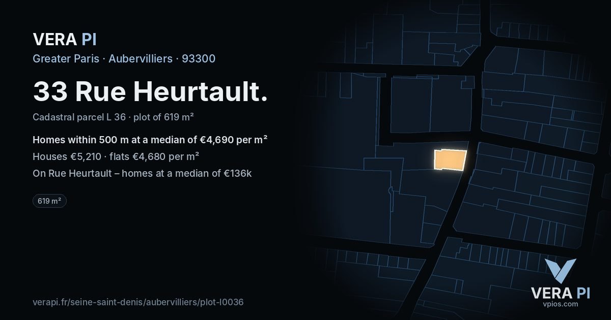 33 Rue Heurtault, Aubervilliers at night – the plot lit, the parcels around coloured by the prices near them