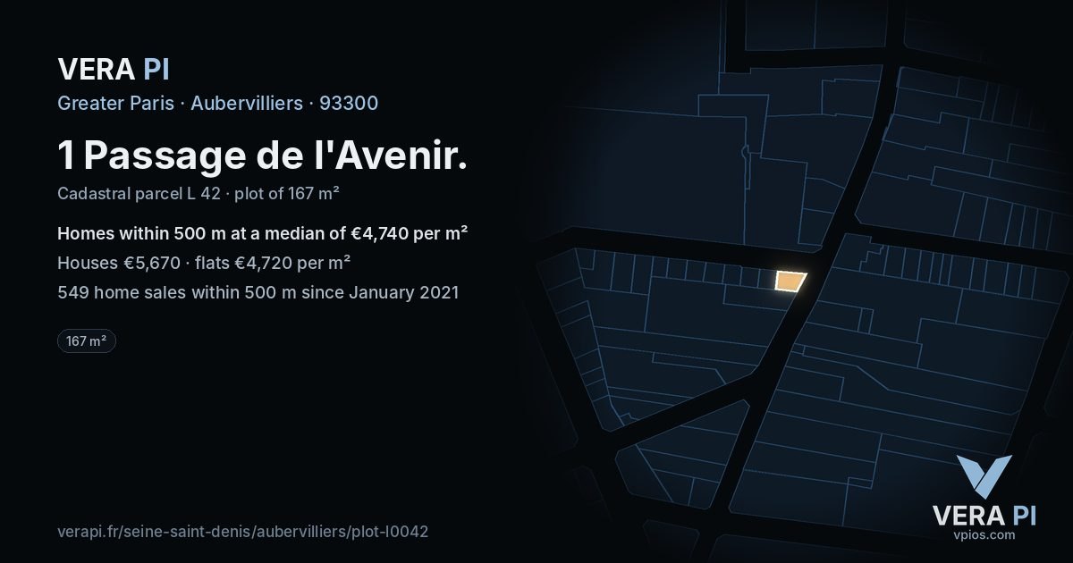 1 Passage de l'Avenir, Aubervilliers at night – the plot lit, the parcels around coloured by the prices near them