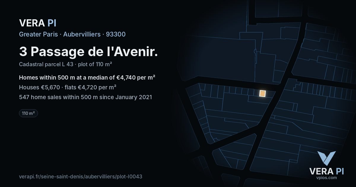3 Passage de l'Avenir, Aubervilliers at night – the plot lit, the parcels around coloured by the prices near them
