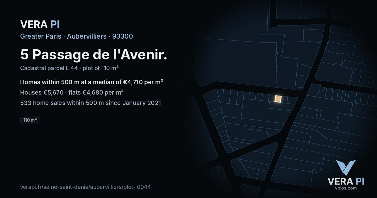 5 Passage de l'Avenir, Aubervilliers at night – the plot lit, the parcels around coloured by the prices near them