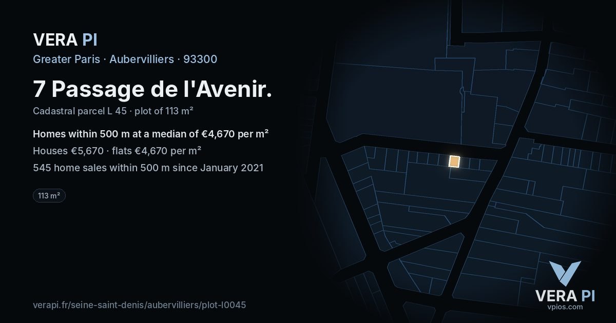 7 Passage de l'Avenir, Aubervilliers at night – the plot lit, the parcels around coloured by the prices near them