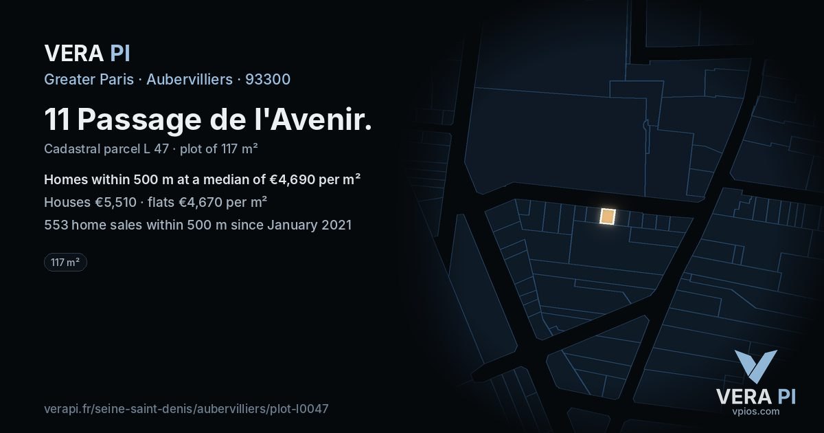 11 Passage de l'Avenir, Aubervilliers at night – the plot lit, the parcels around coloured by the prices near them