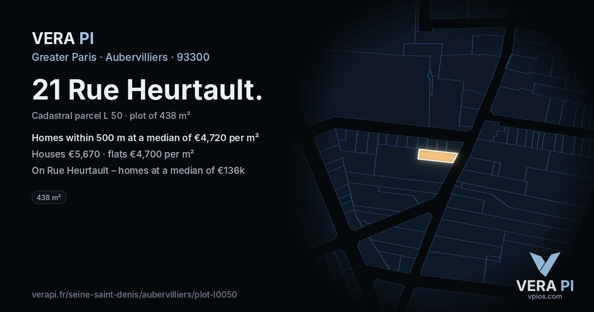 21 Rue Heurtault, Aubervilliers at night – the plot lit, the parcels around coloured by the prices near them