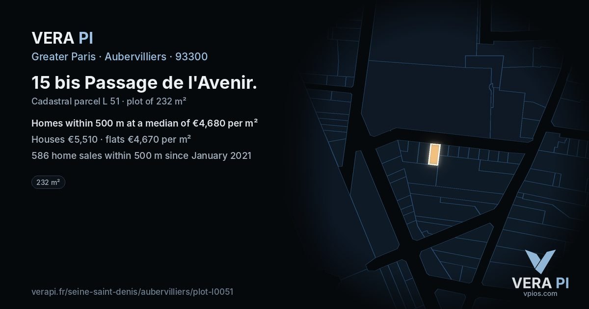 15 bis Passage de l'Avenir, Aubervilliers at night – the plot lit, the parcels around coloured by the prices near them