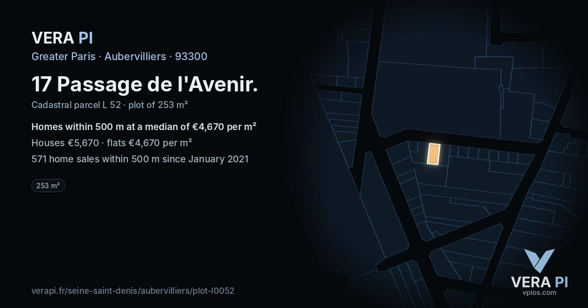 17 Passage de l'Avenir, Aubervilliers at night – the plot lit, the parcels around coloured by the prices near them