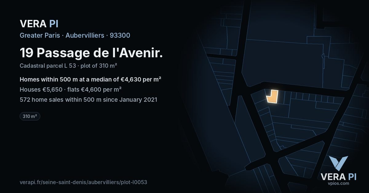 19 Passage de l'Avenir, Aubervilliers at night – the plot lit, the parcels around coloured by the prices near them