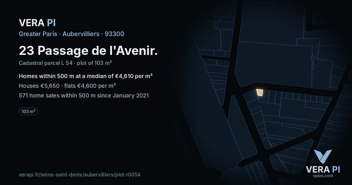 23 Passage de l'Avenir, Aubervilliers at night – the plot lit, the parcels around coloured by the prices near them