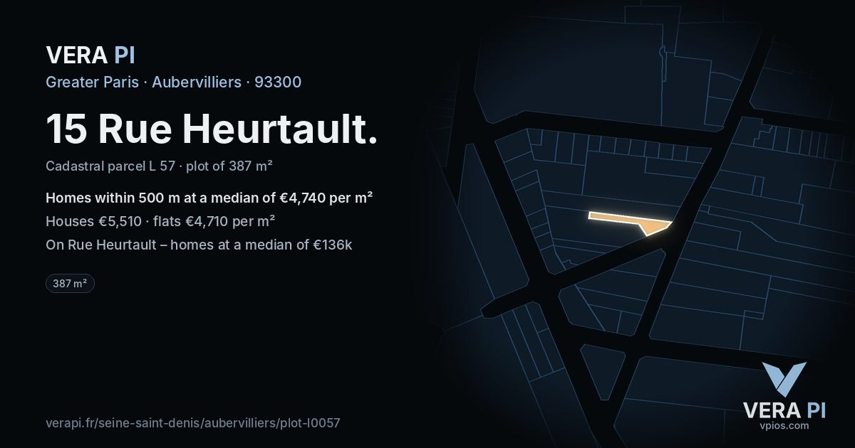 15 Rue Heurtault, Aubervilliers at night – the plot lit, the parcels around coloured by the prices near them