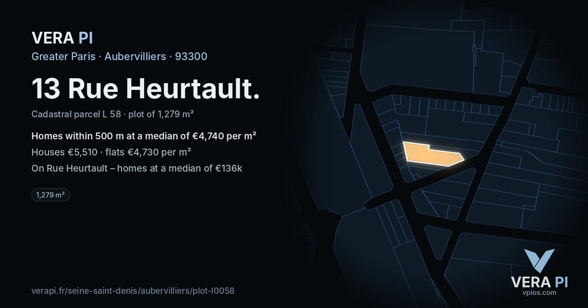 13 Rue Heurtault, Aubervilliers at night – the plot lit, the parcels around coloured by the prices near them