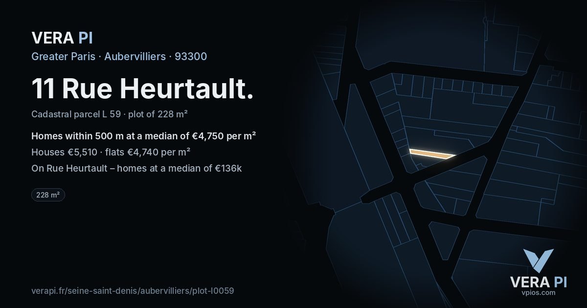 11 Rue Heurtault, Aubervilliers at night – the plot lit, the parcels around coloured by the prices near them