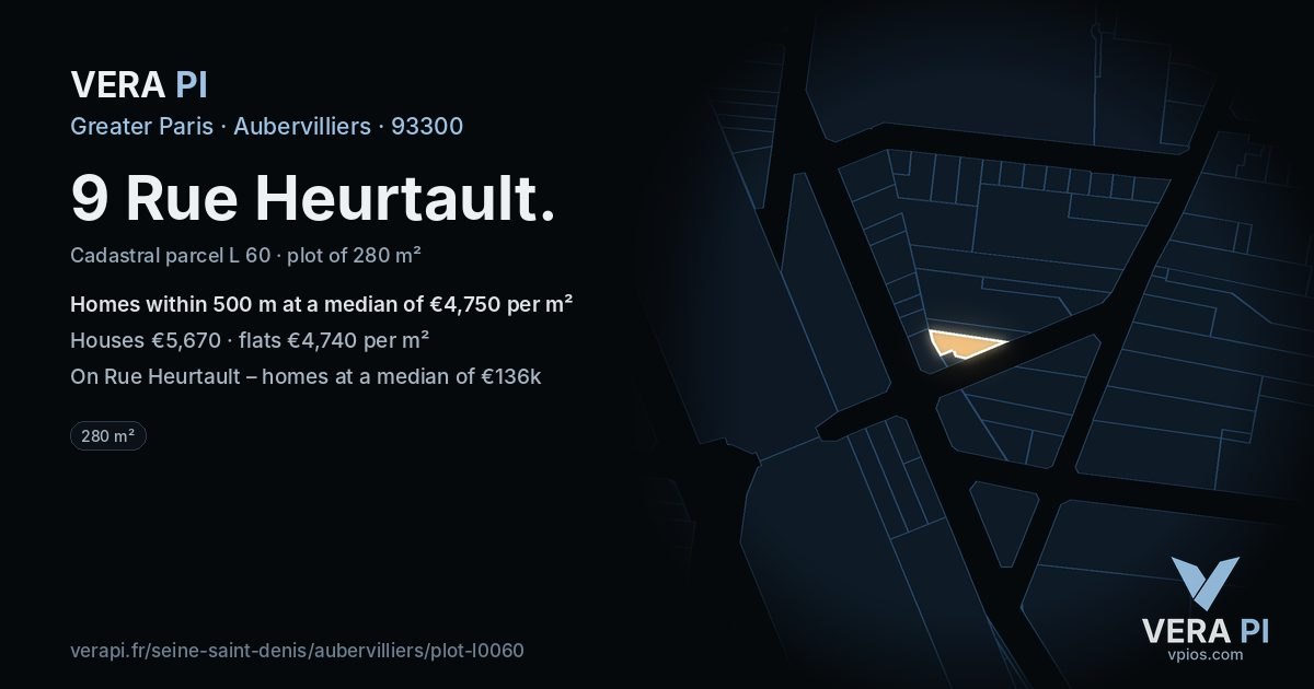 9 Rue Heurtault, Aubervilliers at night – the plot lit, the parcels around coloured by the prices near them
