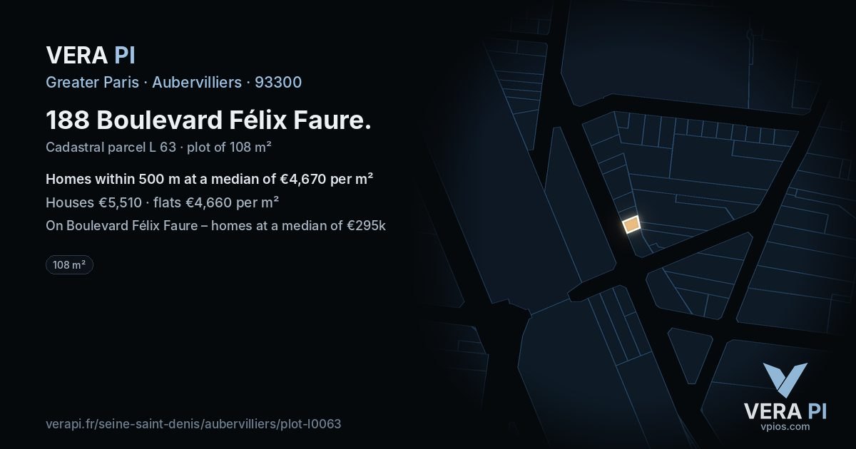 188 Boulevard Félix Faure, Aubervilliers at night – the plot lit, the parcels around coloured by the prices near them